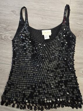 Cache Black Sequin Tank Top M Y2K Beaded Hem Party Club Glam
